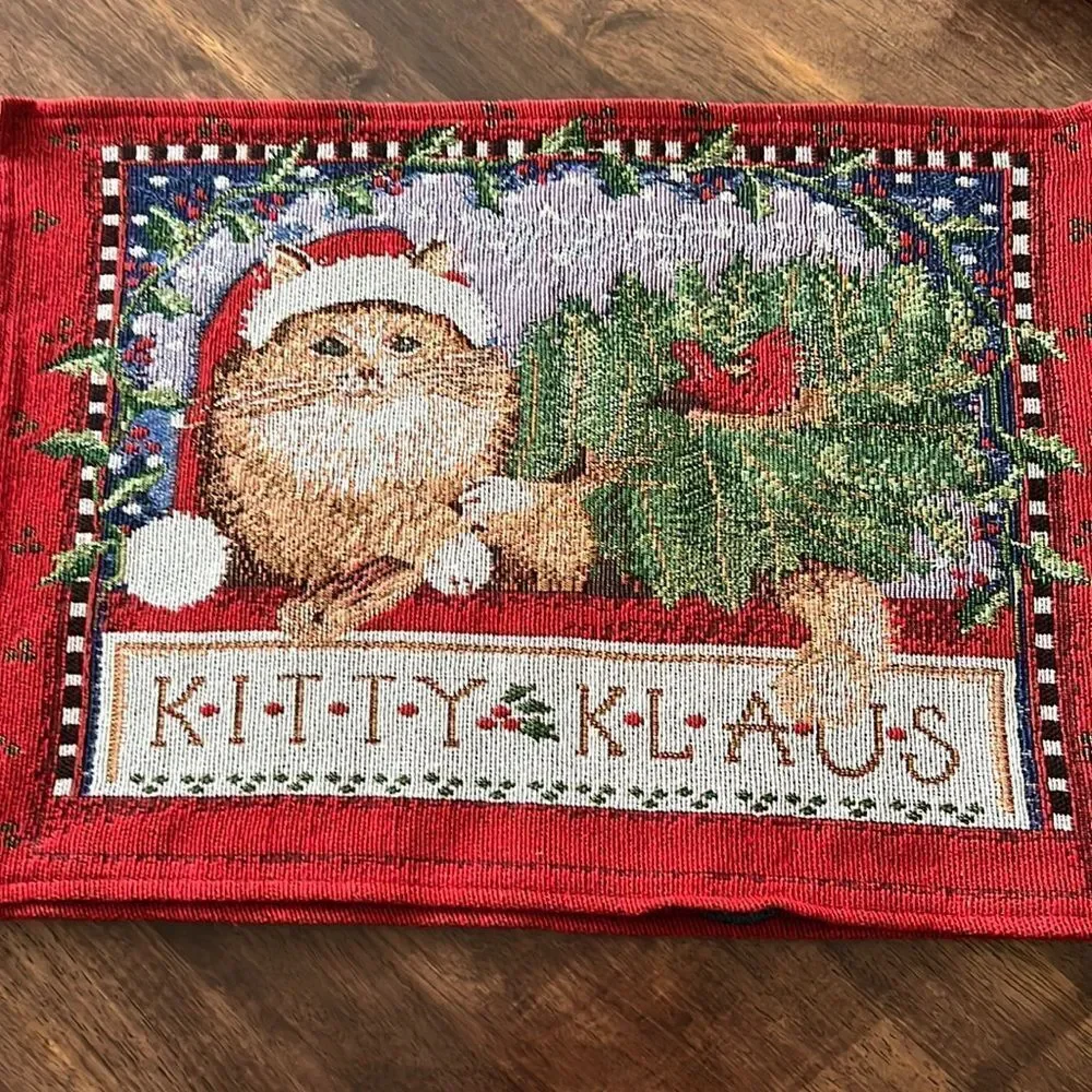Vintage Set (2) Tapestry Rectangle Christmas Kitty Klaus Cotton Blend Placemats